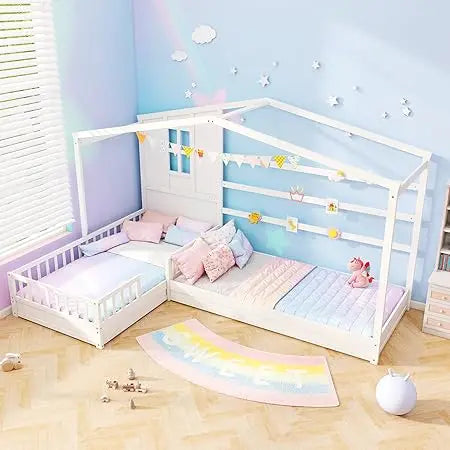 Double Twin Beds for Kids, House L-Shaped Platform Beds with Window & Fences, Wooden Corner Montessori Bed Frame for Boys Girls