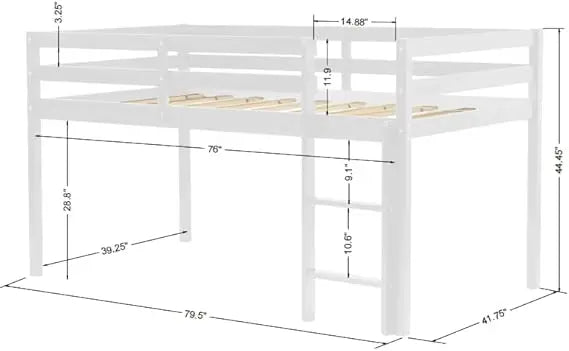 Twin Loft Bed for Kids, Solid Wood, with Ladder & Guard Rails, White, No Box Spring Needed