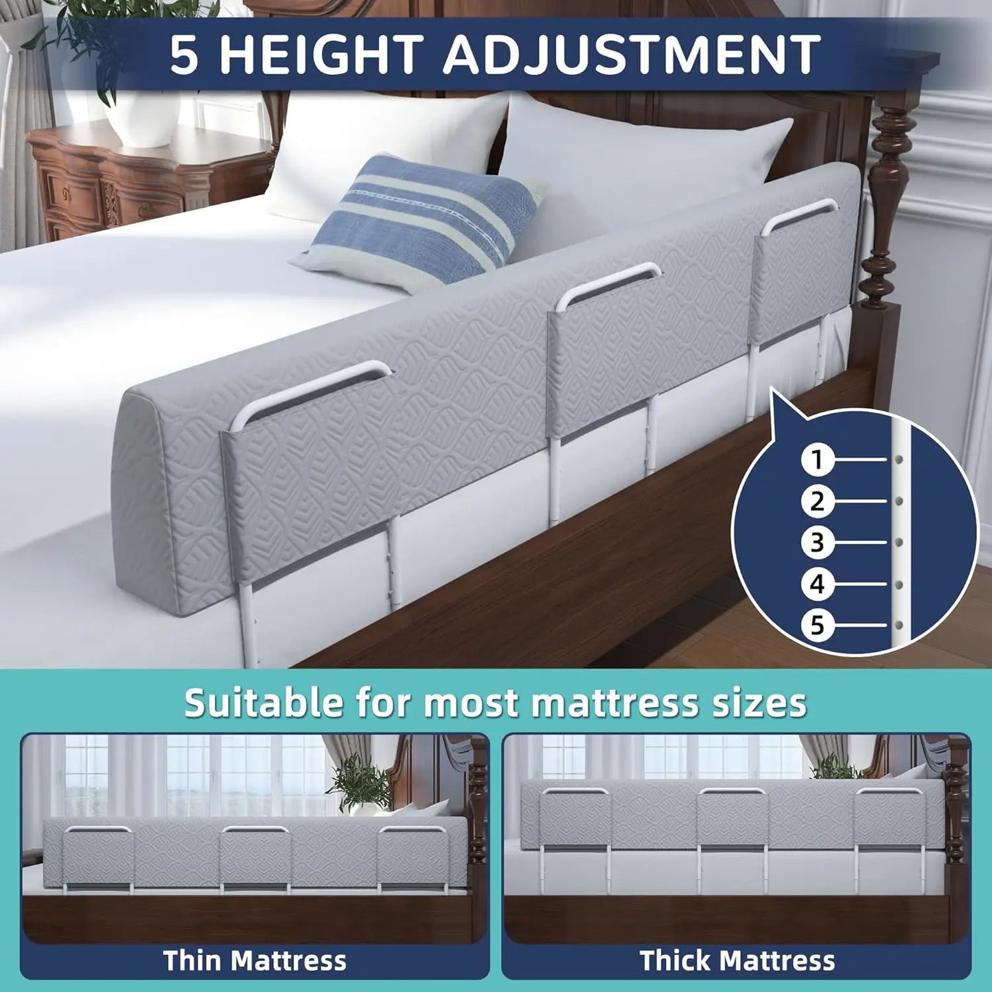 Soft Safety Bed Rail Bumper for Toddlers & Kids, Grey 59" with 3 Brackets for Twin to King Beds