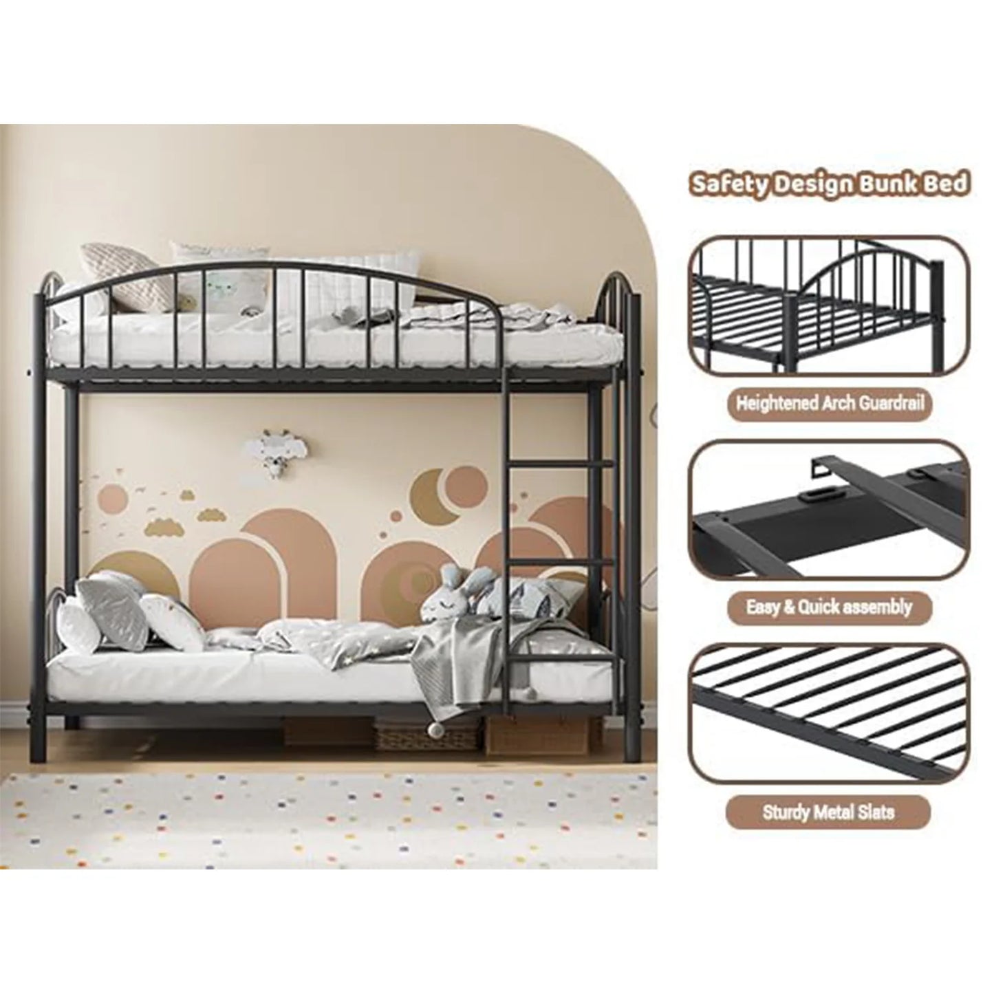 Metal Bunk Bed Twin Over Twin with Stairs and Arched Guardrail Space Saving Ideal for Girls and Boys Room and Dorm, Black