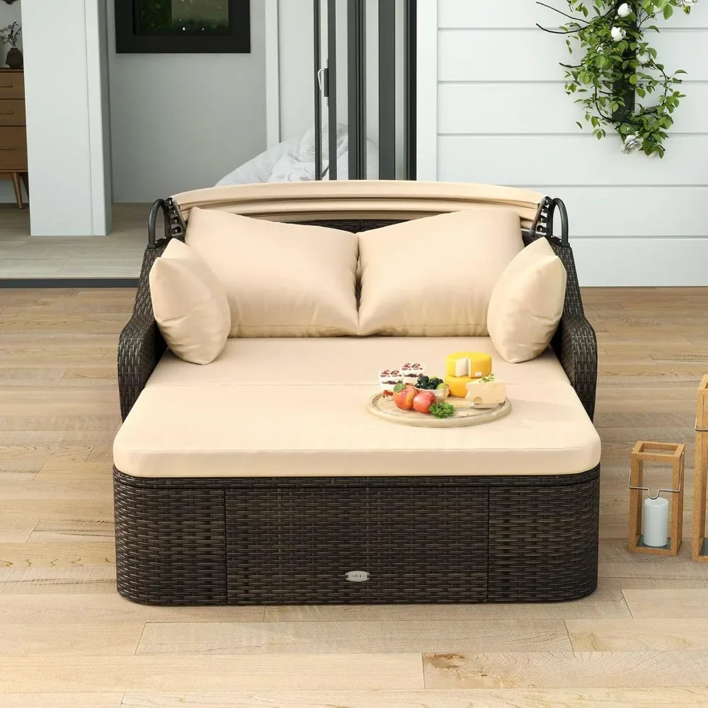 Outdoor Daybed With Retractable Canopy PE Rattan Chaise Lounge Pillows