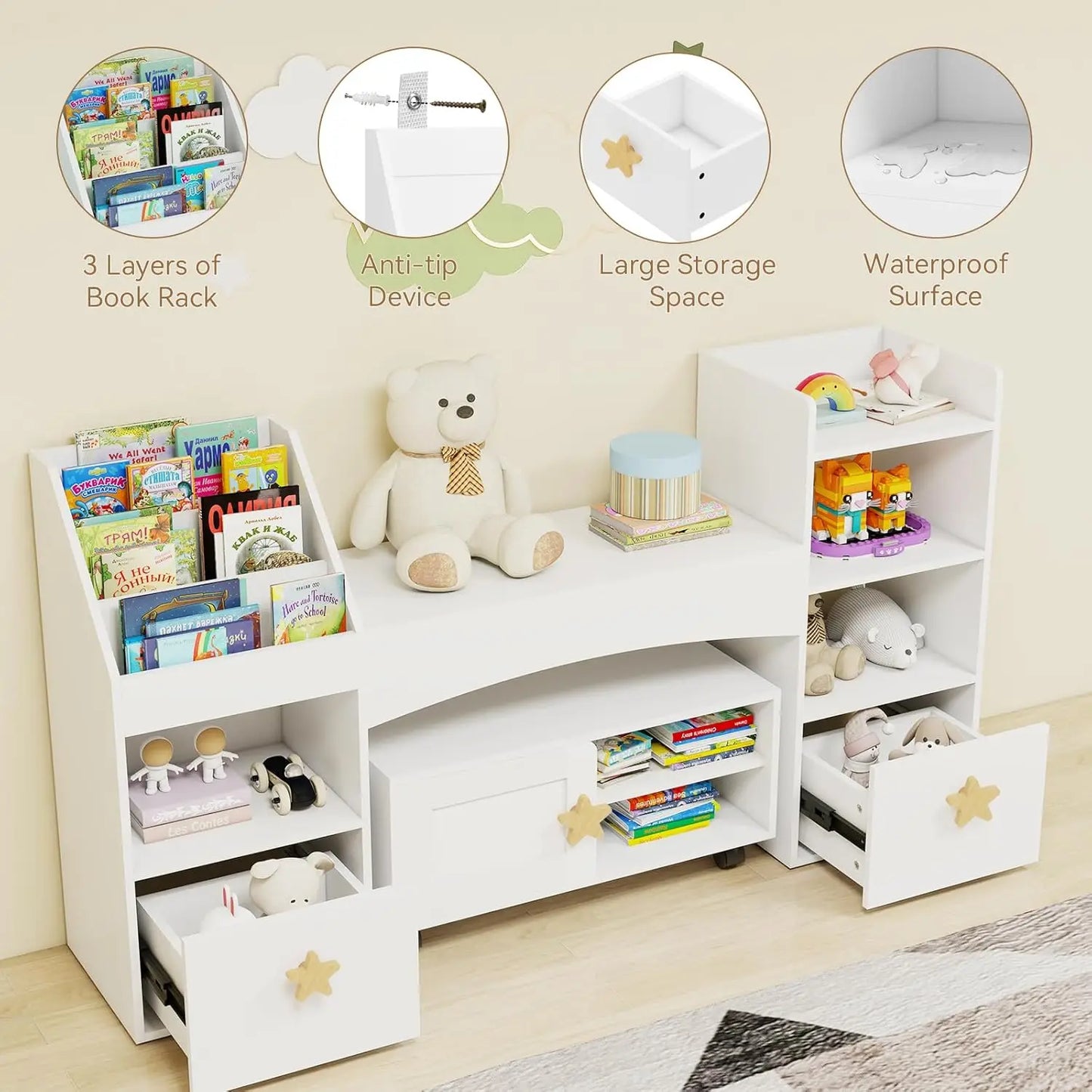 Kids Bookshelf With Reading Nook Desk And Toy Storage Drawers