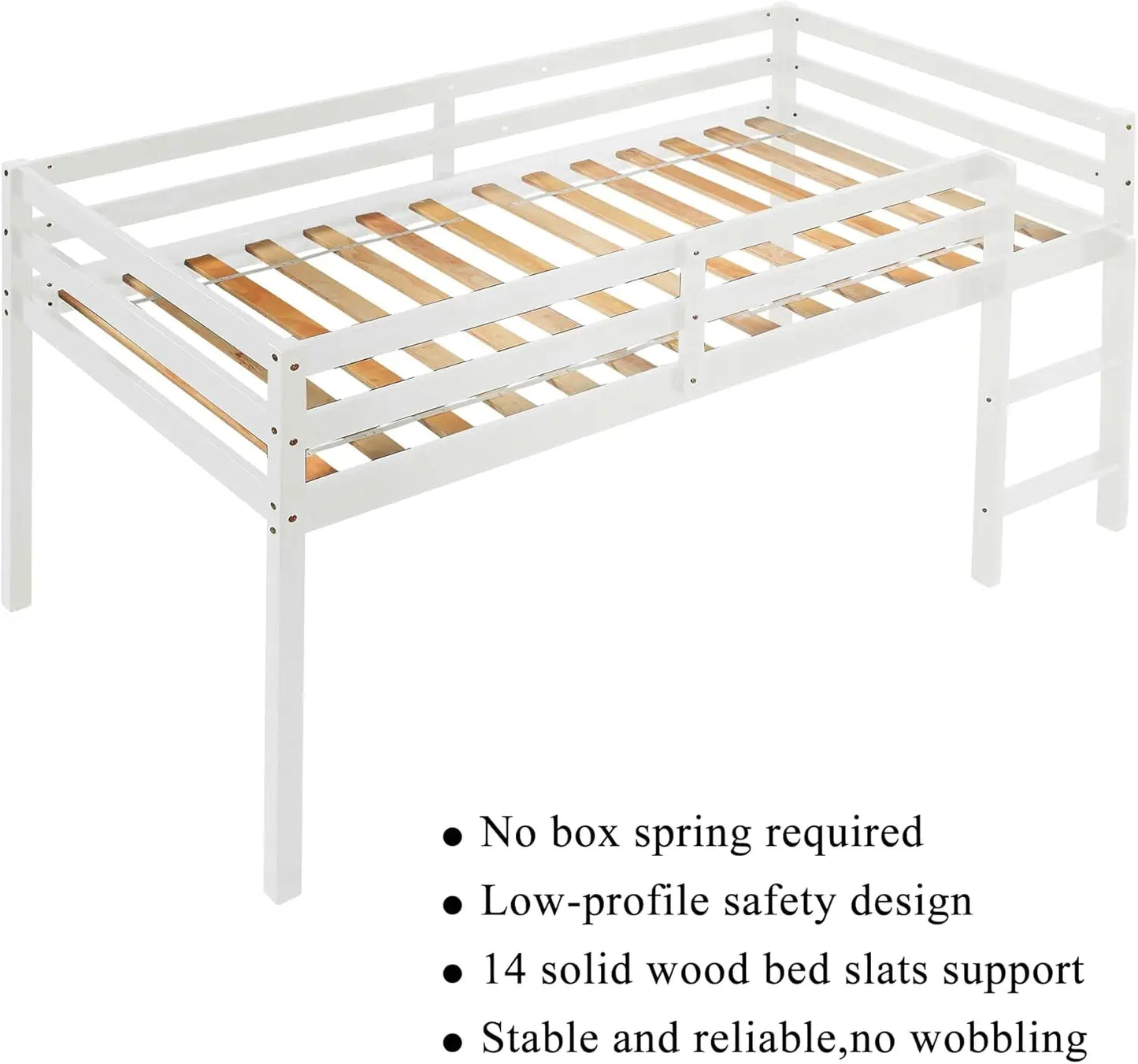 Twin Loft Bed for Kids, Solid Wood, with Ladder & Guard Rails, White, No Box Spring Needed