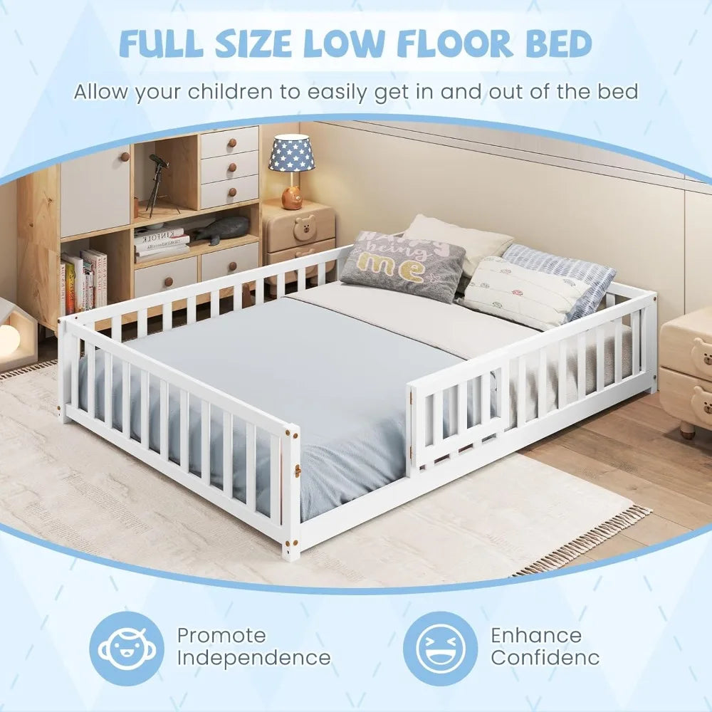 Full Size Montessori Floor Bed for Kids with Safety Guardrails & Door, Low Profile Solid Wood Frame, White