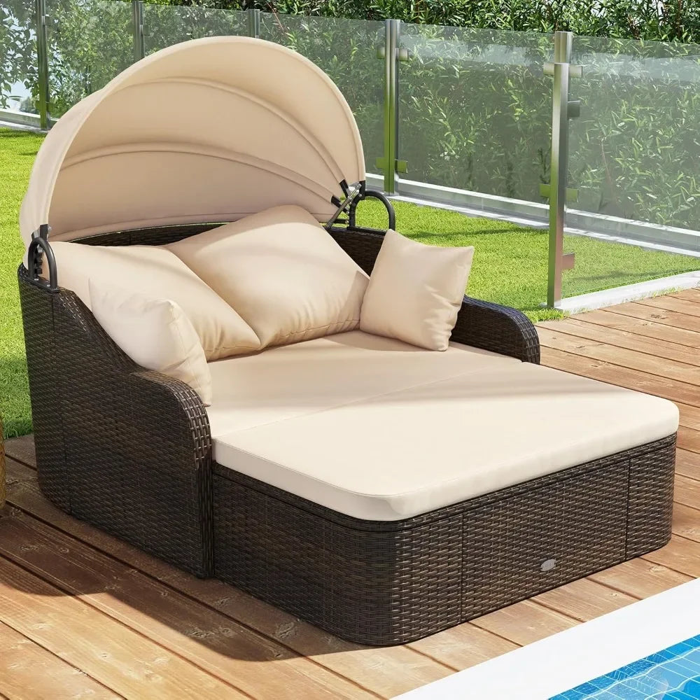 Outdoor Daybed With Retractable Canopy PE Rattan Chaise Lounge Pillows