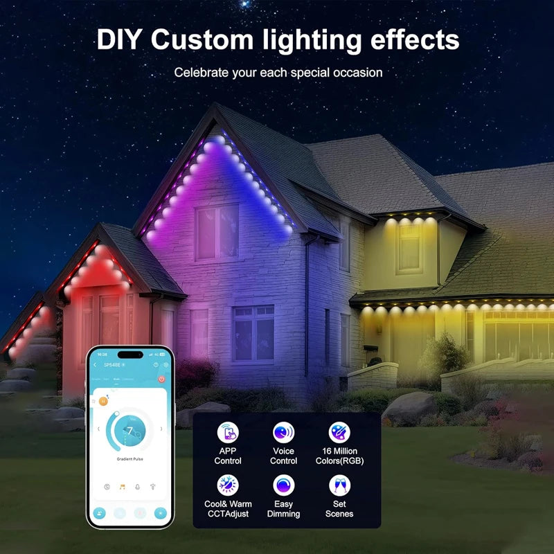 Permanent Outdoor Lights Smart RGBIC Eaves LED Lights Festival Flashing Lighting Fairy String for Christmas Holiday Decorations
