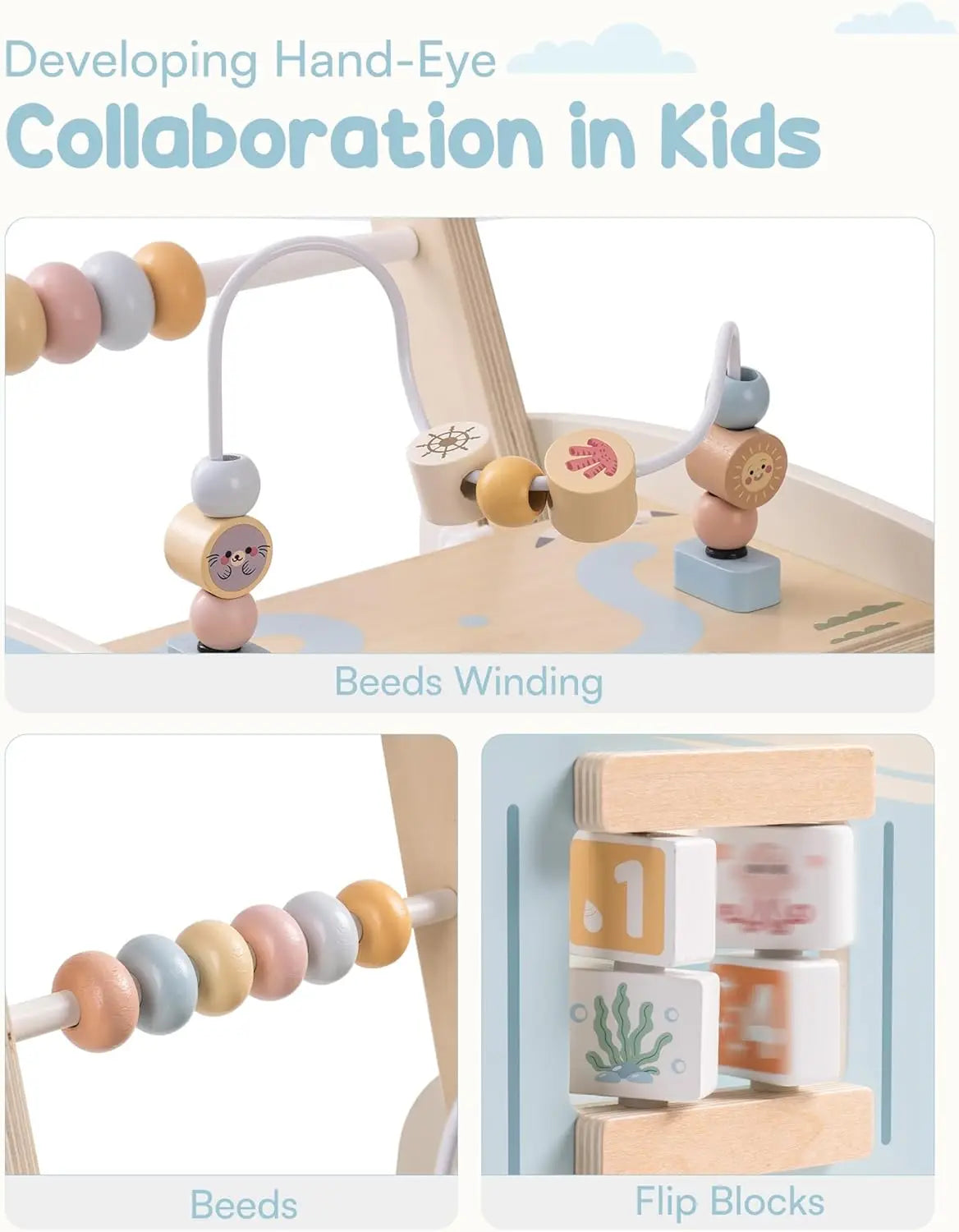 Wooden Baby Walker Bus Style With Ocean Pattern and Adjustable Wheel Tension