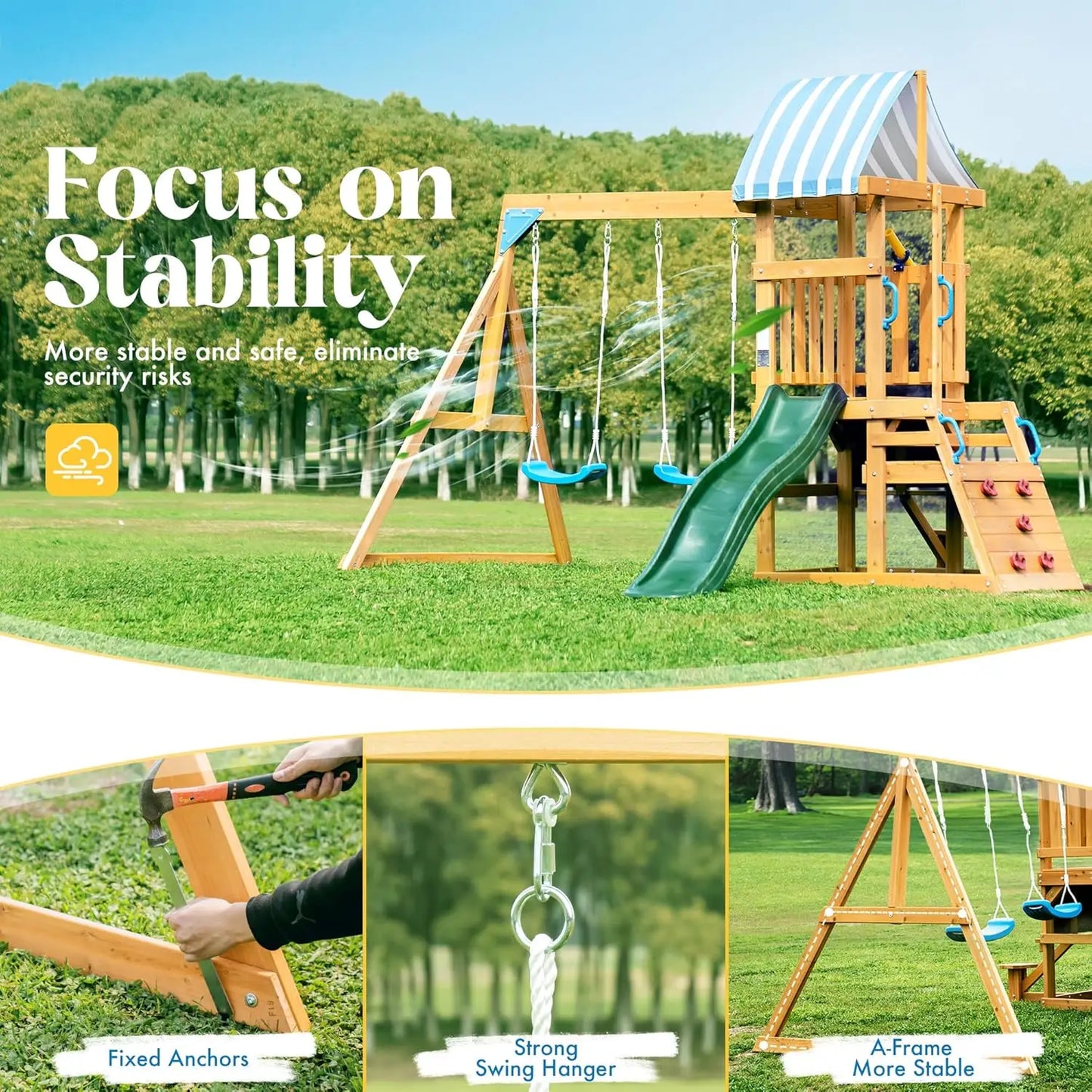 Rolife Wooden Swing Set With Dual Swings Climbing Wall Fort
