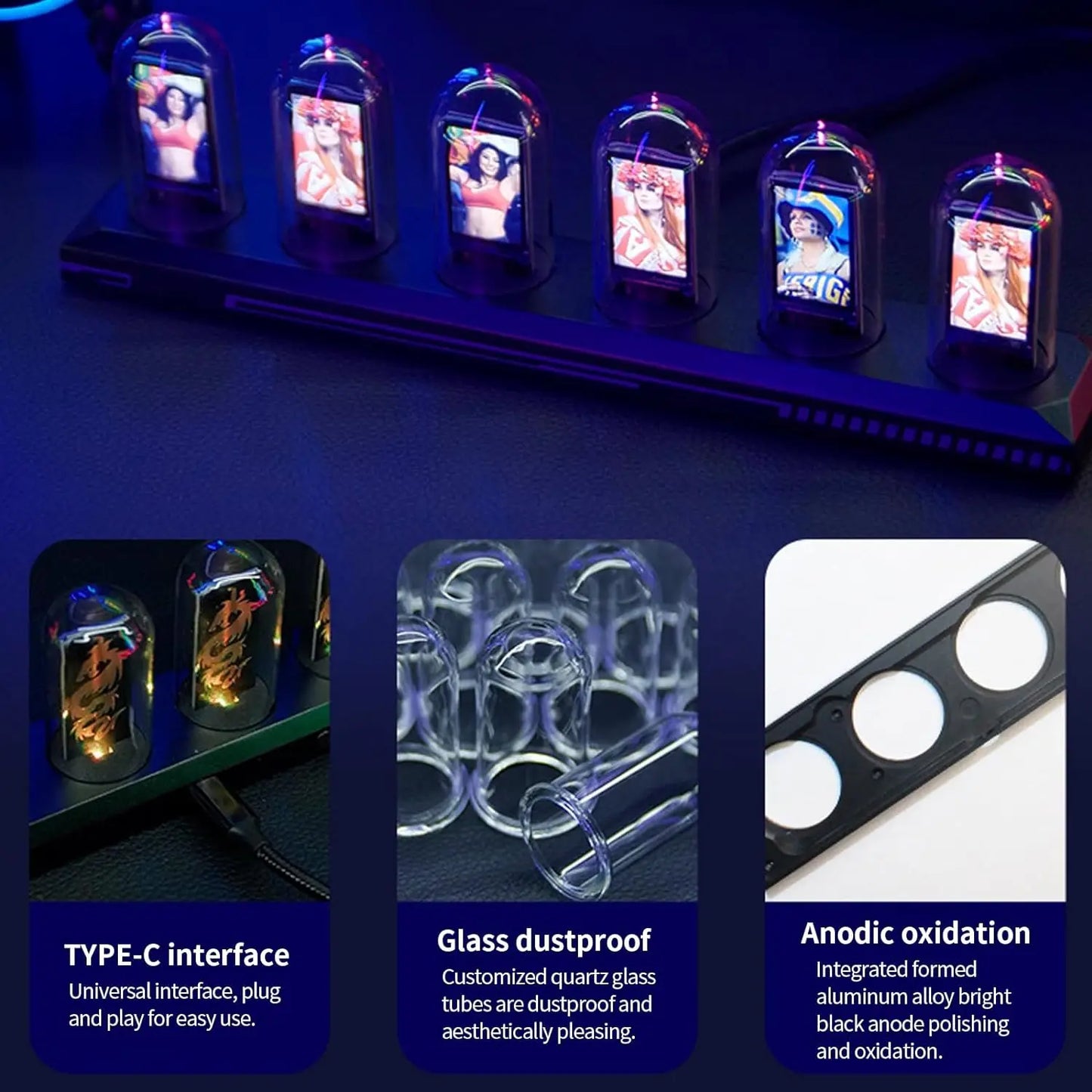 Night Light DIY Nixie Tube Clock Kit Simulation, Digital Clock APP Time Calibration, 3 Light Mode, 12/24h Display IPS