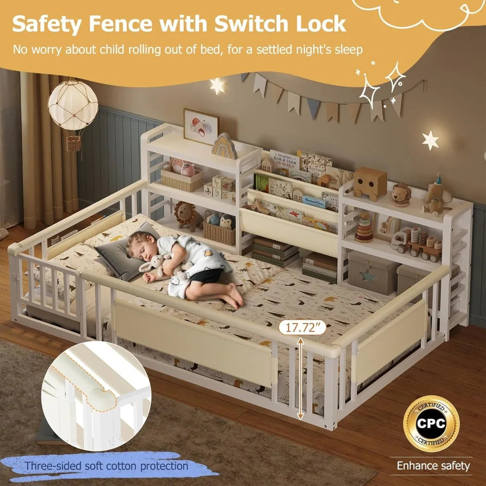 DAFIFY Montessori Floor Bed With Storage Bookcase And Safety Rails For Kids