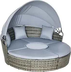 Round Rattan Daybed Patio Furniture Set With Adjustable Sun Canopy