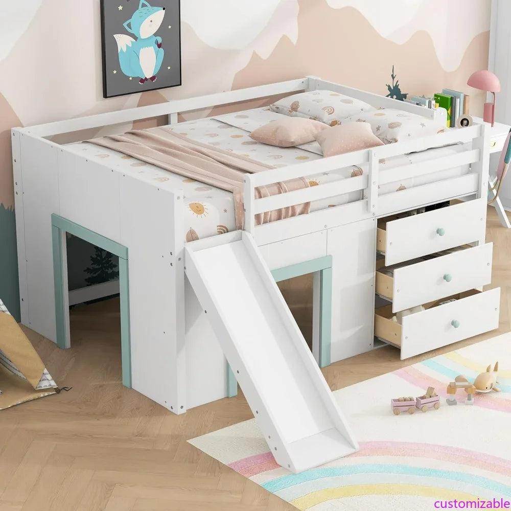 Modern Farmhouse Style Kids Full Size Loft Bed with Slide and Storage Drawers, No Box Spring Required