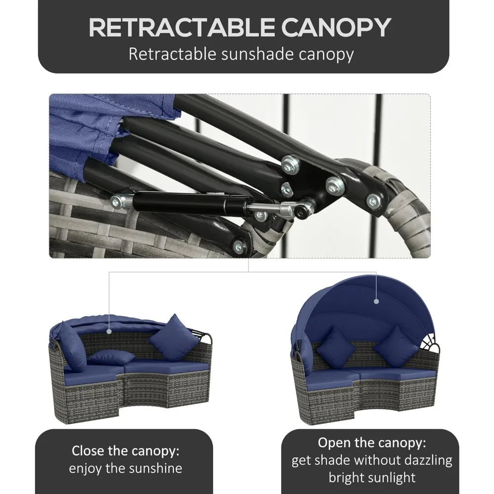 Round Rattan Daybed Patio Furniture Set With Adjustable Sun Canopy