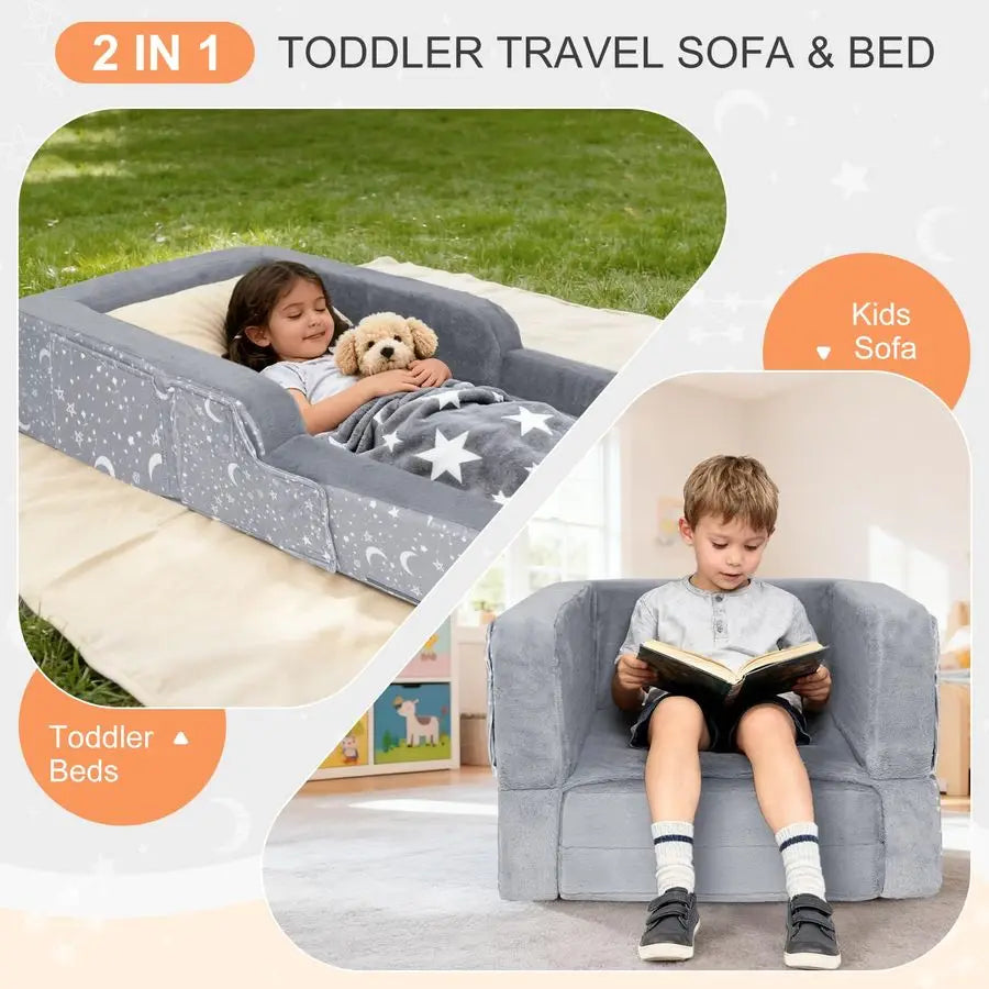 Toddler Travel Bed, 2 in 1 Foldable Toddler Bed Sofa Chair, Soft Baby Kids Travel Floor Beds with Washable Cover, Blanket, Safet