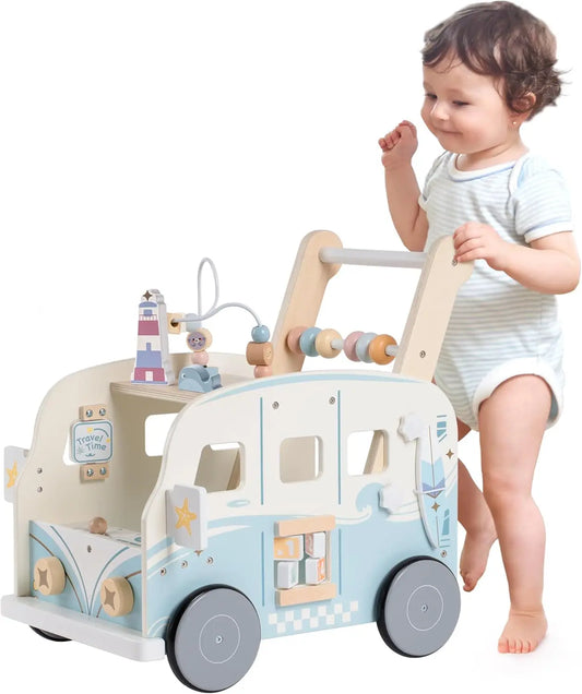 Wooden Baby Walker Bus Style With Ocean Pattern and Adjustable Wheel Tension