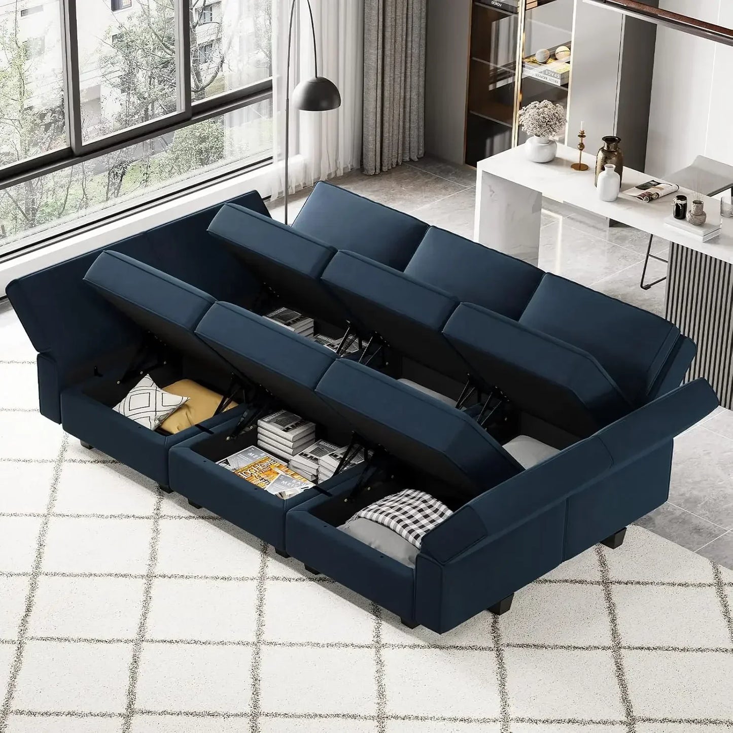 Modular Velvet Sectional Sofa With Chaise Lounge Sleeper And Storage
